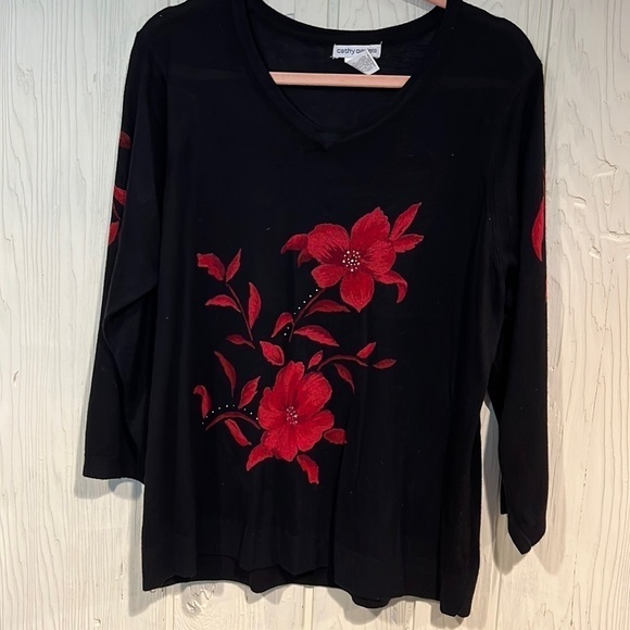 CATHY DANIELS poinsettia flower SWEATER size XL - Picture 1 of 7